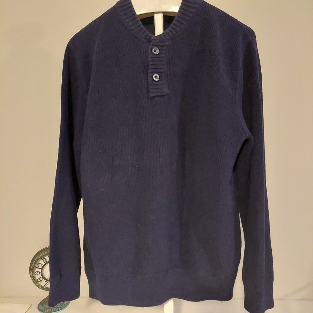 Eddie Bauer‎ Blue Knit Sweater XL Pullover Two Button Pullover Ribbed Hems Thick